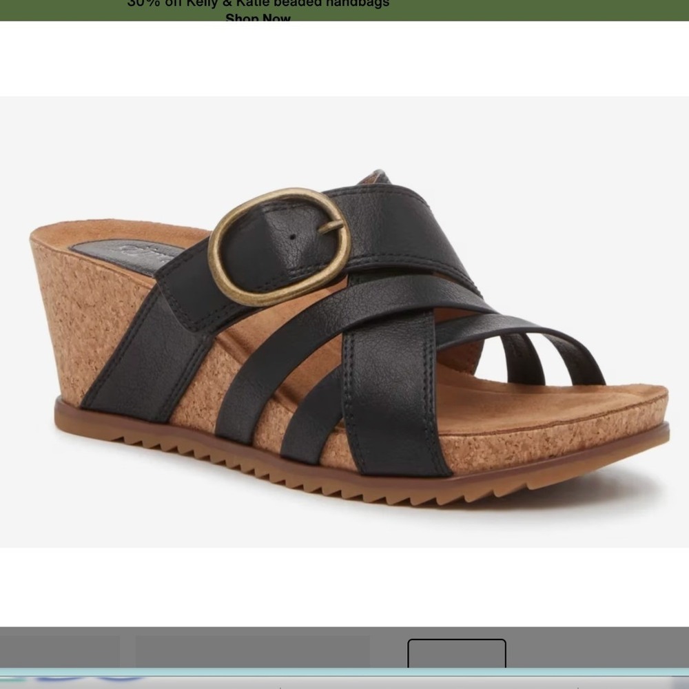 EuroSoft Teddie Black Wedge Sandals; Strappy Cork Heel Slip-on